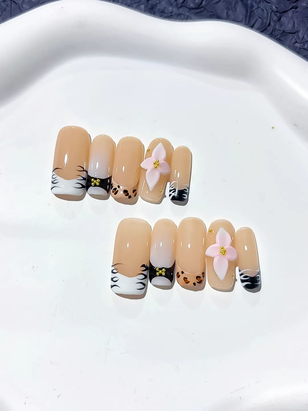 D323 - Long Nude White Square French tip Flower Animal Print VibeNailsLab