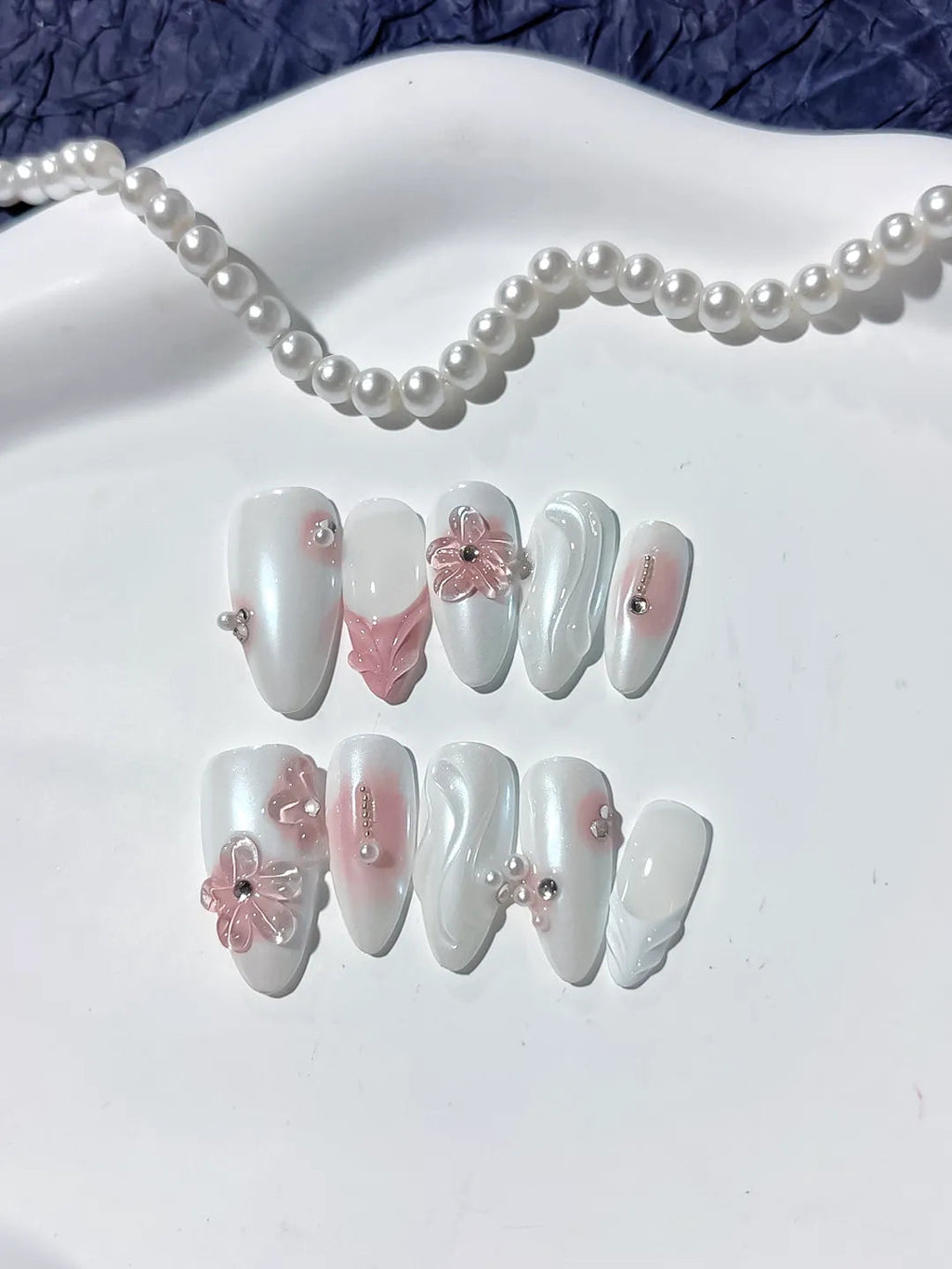 D325 - Long White Pink Almond Holographic Flower Rhinestone VibeNailsLab