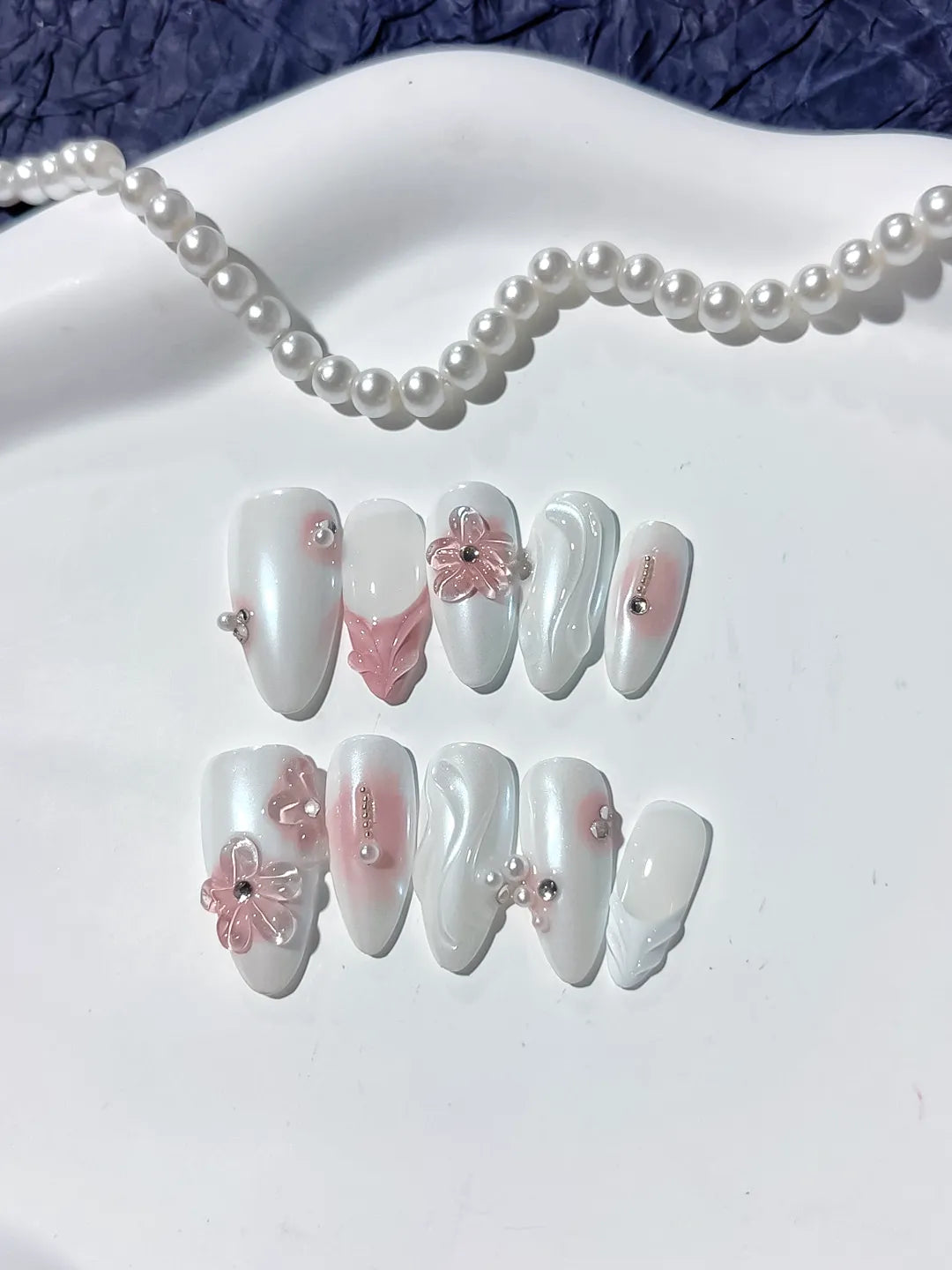 D325 - Long White Pink Almond Holographic Flower Rhinestone VibeNailsLab