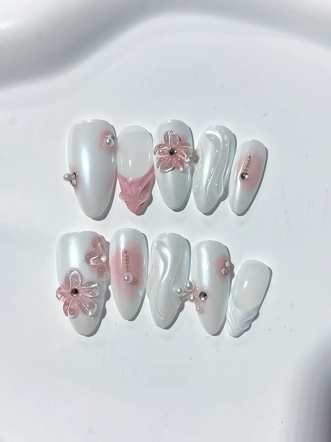 D325 - Long White Pink Almond Holographic Flower Rhinestone VibeNailsLab