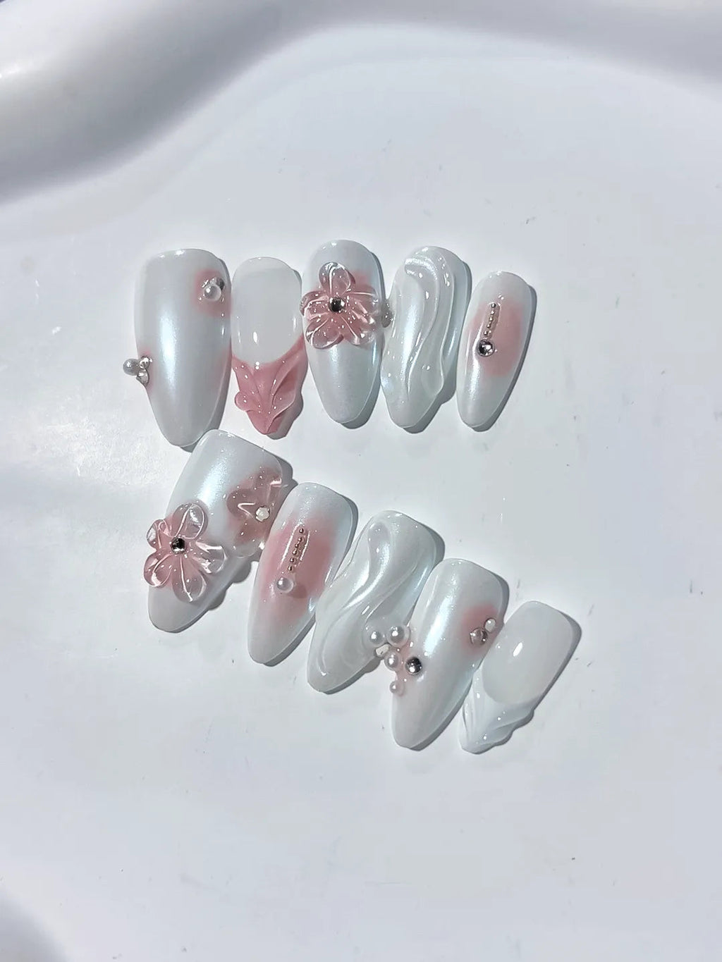 D325 - Long White Pink Almond Holographic Flower Rhinestone VibeNailsLab