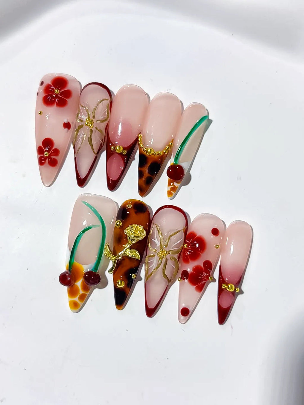 D326 - Long Nude Red Almond Abstract Cherry Flower VibeNailsLab