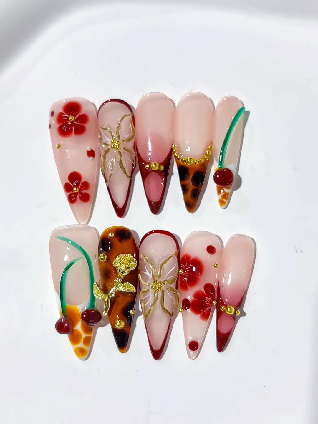 D326 - Long Nude Red Almond Abstract Cherry Flower VibeNailsLab