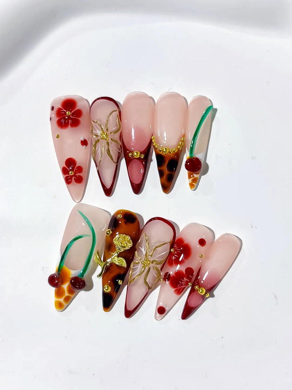 D326 - Long Nude Red Almond Abstract Cherry Flower VibeNailsLab