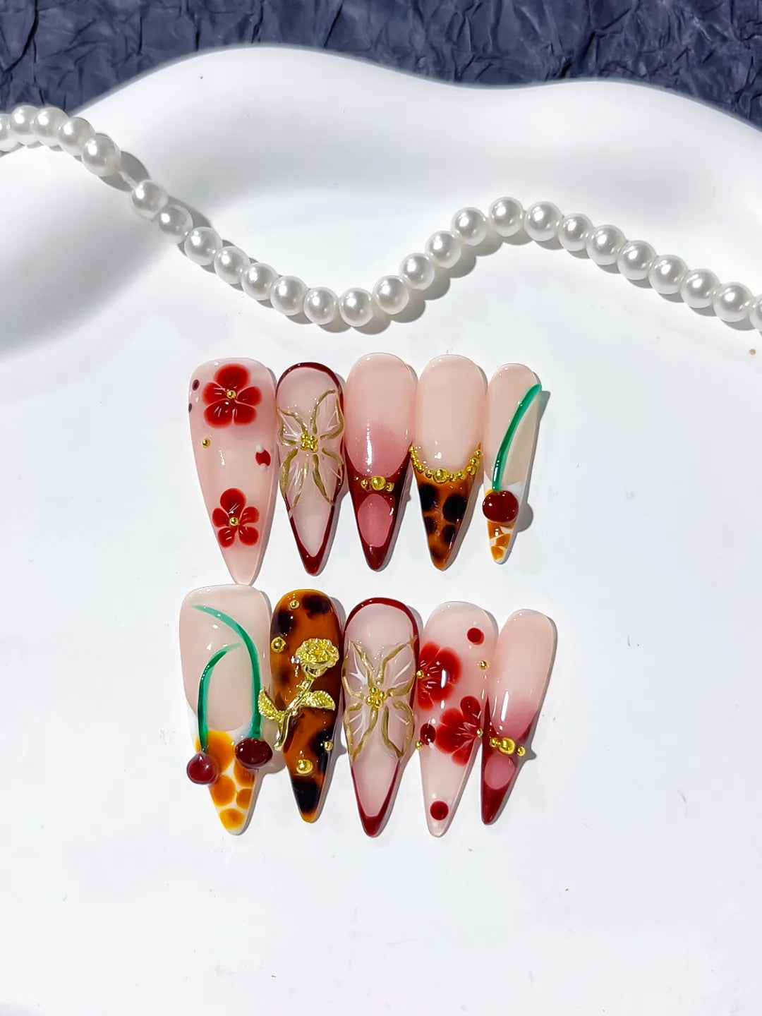D326 - Long Nude Red Almond Abstract Cherry Flower VibeNailsLab