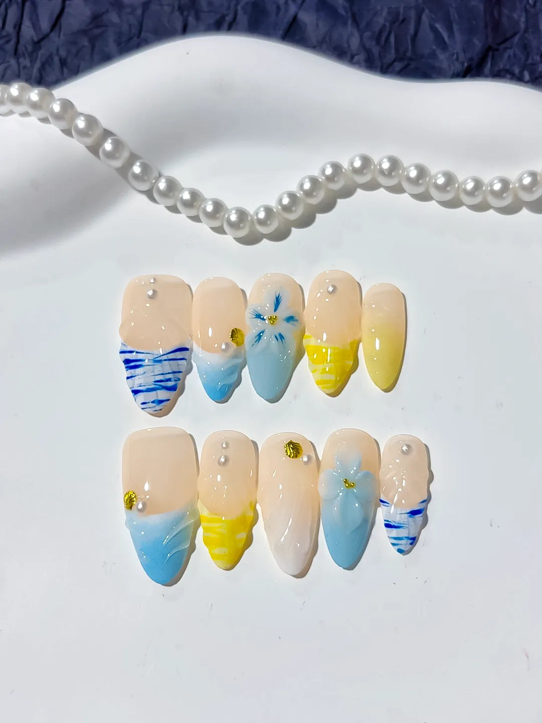 D327 - Medium Nude Blue Almond French tip Flower Grid Pattern VibeNailsLab