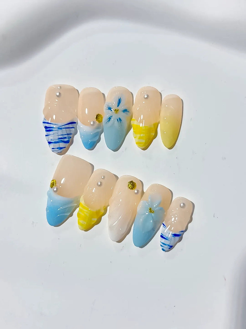 D327 - Medium Nude Blue Almond French tip Flower Grid Pattern VibeNailsLab