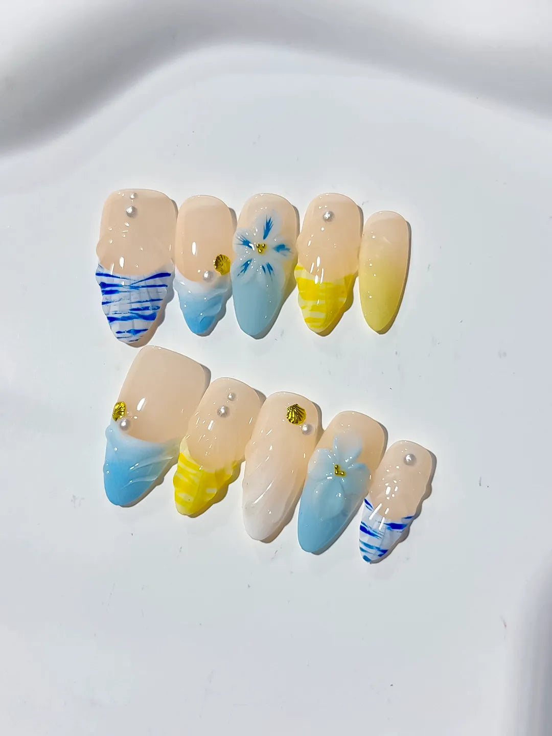 D327 - Medium Nude Blue Almond French tip Flower Grid Pattern VibeNailsLab