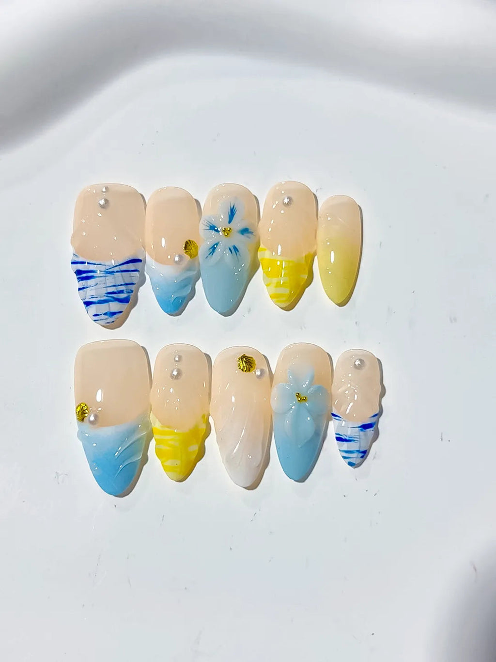 D327 - Medium Nude Blue Almond French tip Flower Grid Pattern VibeNailsLab