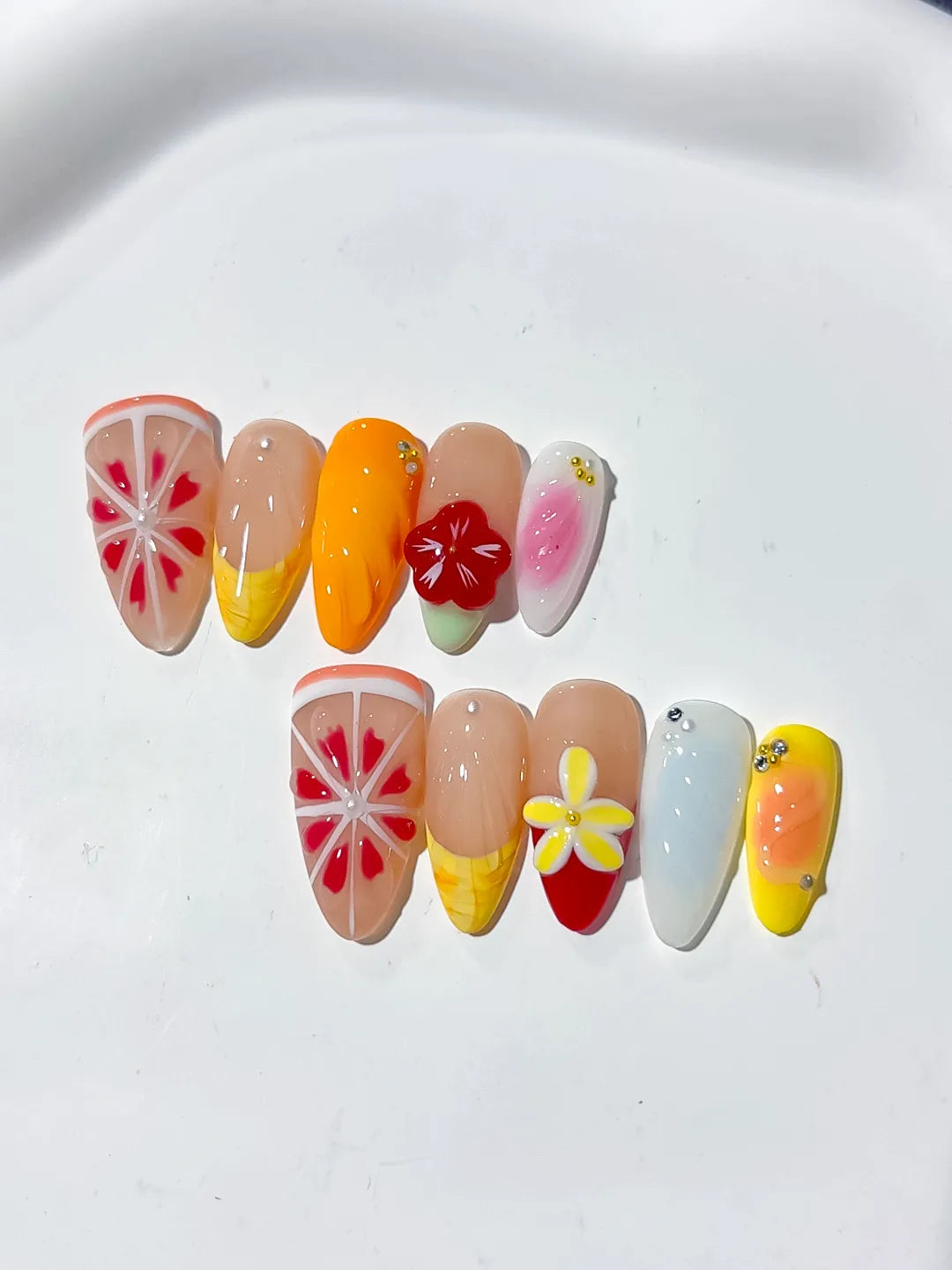 D328 - Medium Nude Orange Almond Abstract Flower Citrus VibeNailsLab
