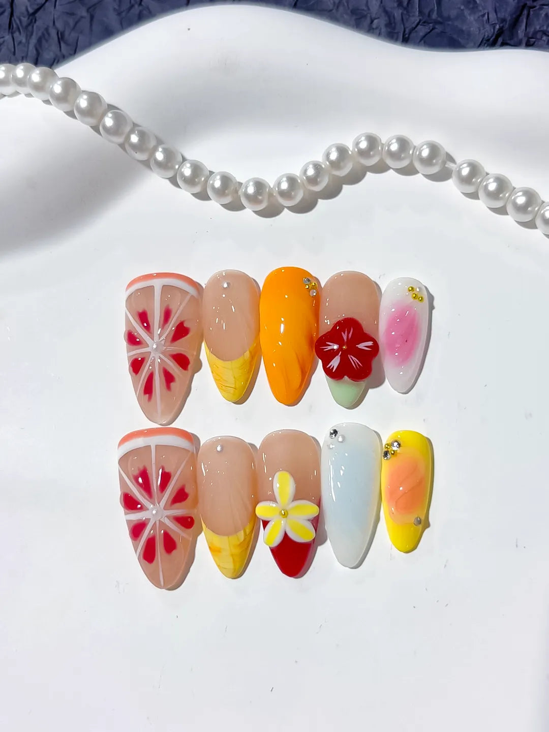 D328 - Medium Nude Orange Almond Abstract Flower Citrus VibeNailsLab