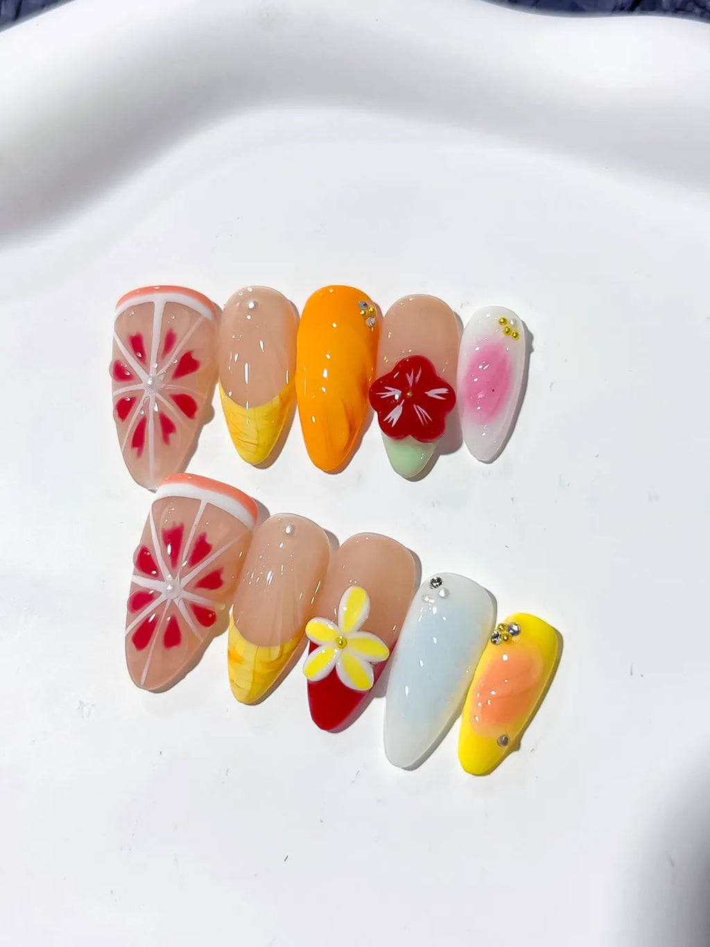 D328 - Medium Nude Orange Almond Abstract Flower Citrus VibeNailsLab