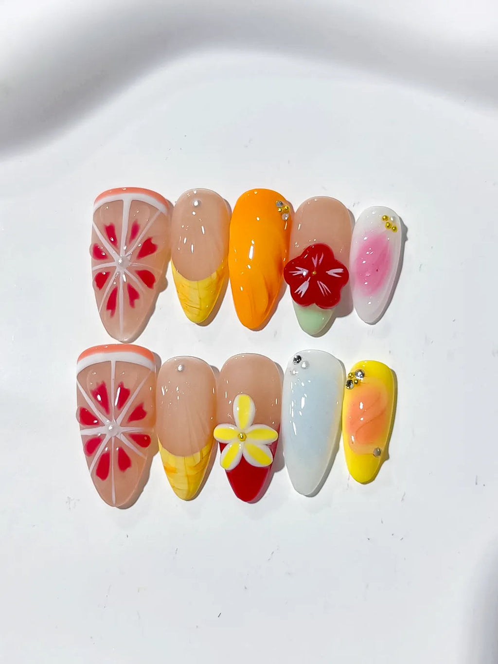 D328 - Medium Nude Orange Almond Abstract Flower Citrus VibeNailsLab