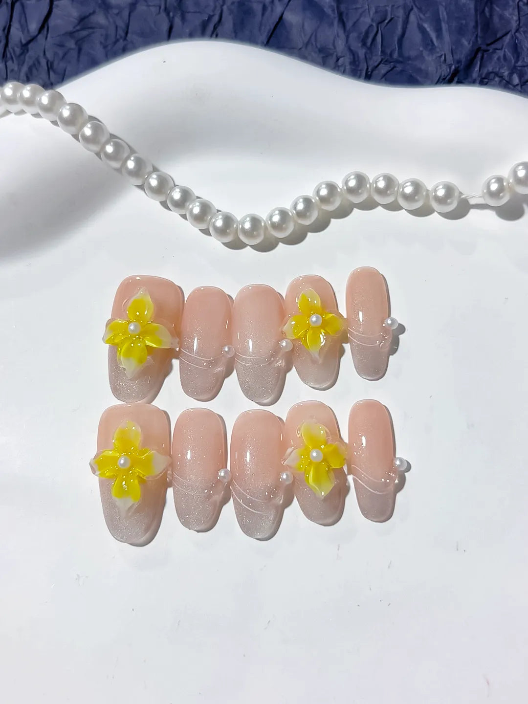 D329 - Medium Nude Yellow Oval Solid color Flower Pearl Line VibeNailsLab