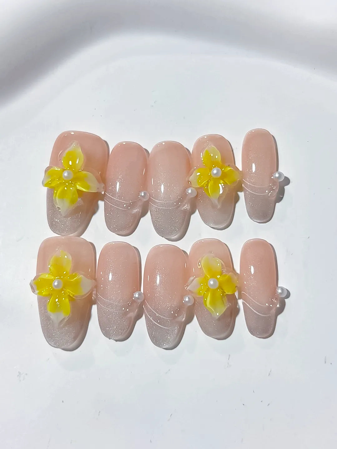 D329 - Medium Nude Yellow Oval Solid color Flower Pearl Line VibeNailsLab