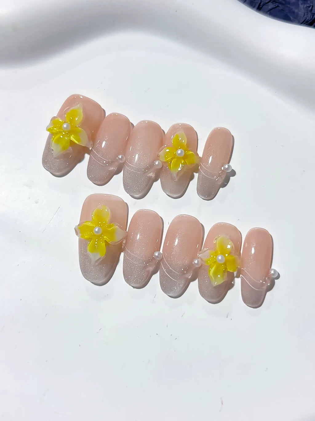 D329 - Medium Nude Yellow Oval Solid color Flower Pearl Line VibeNailsLab
