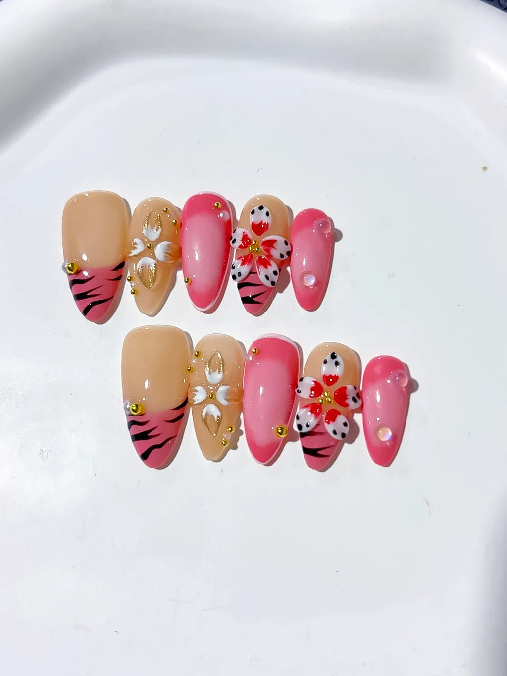 D330 - Medium Pink Gold Almond Abstract Heart Animal Print VibeNailsLab