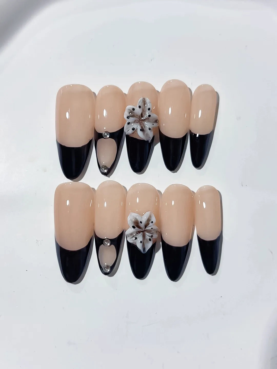 C395 - Long Nude Black Almond French tip Flower Rhinestone