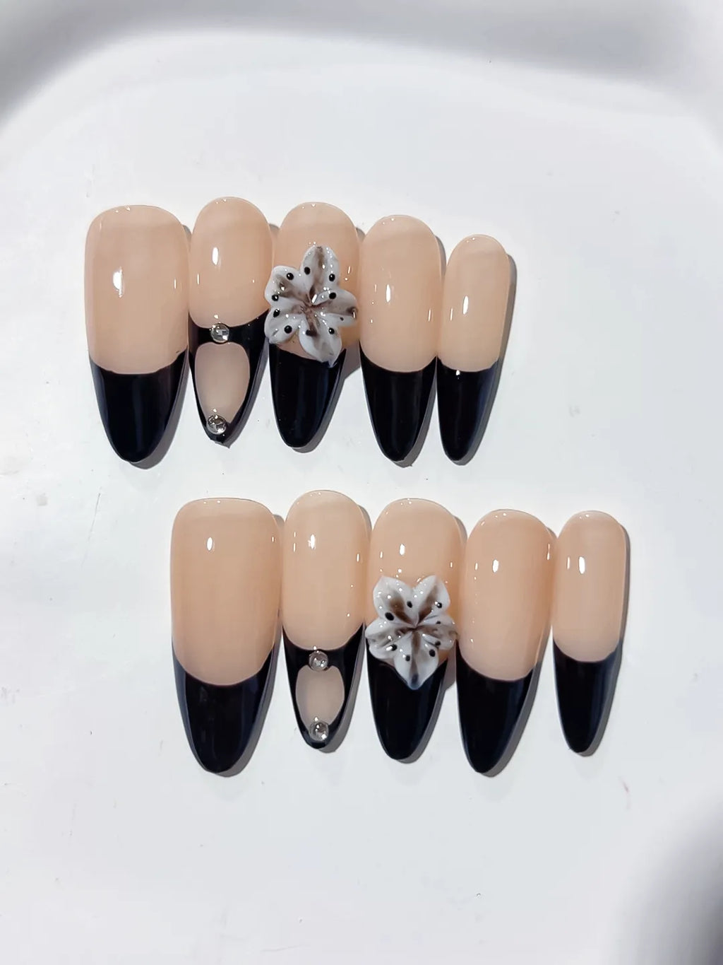 C395 - Long Nude Black Almond French tip Flower Rhinestone