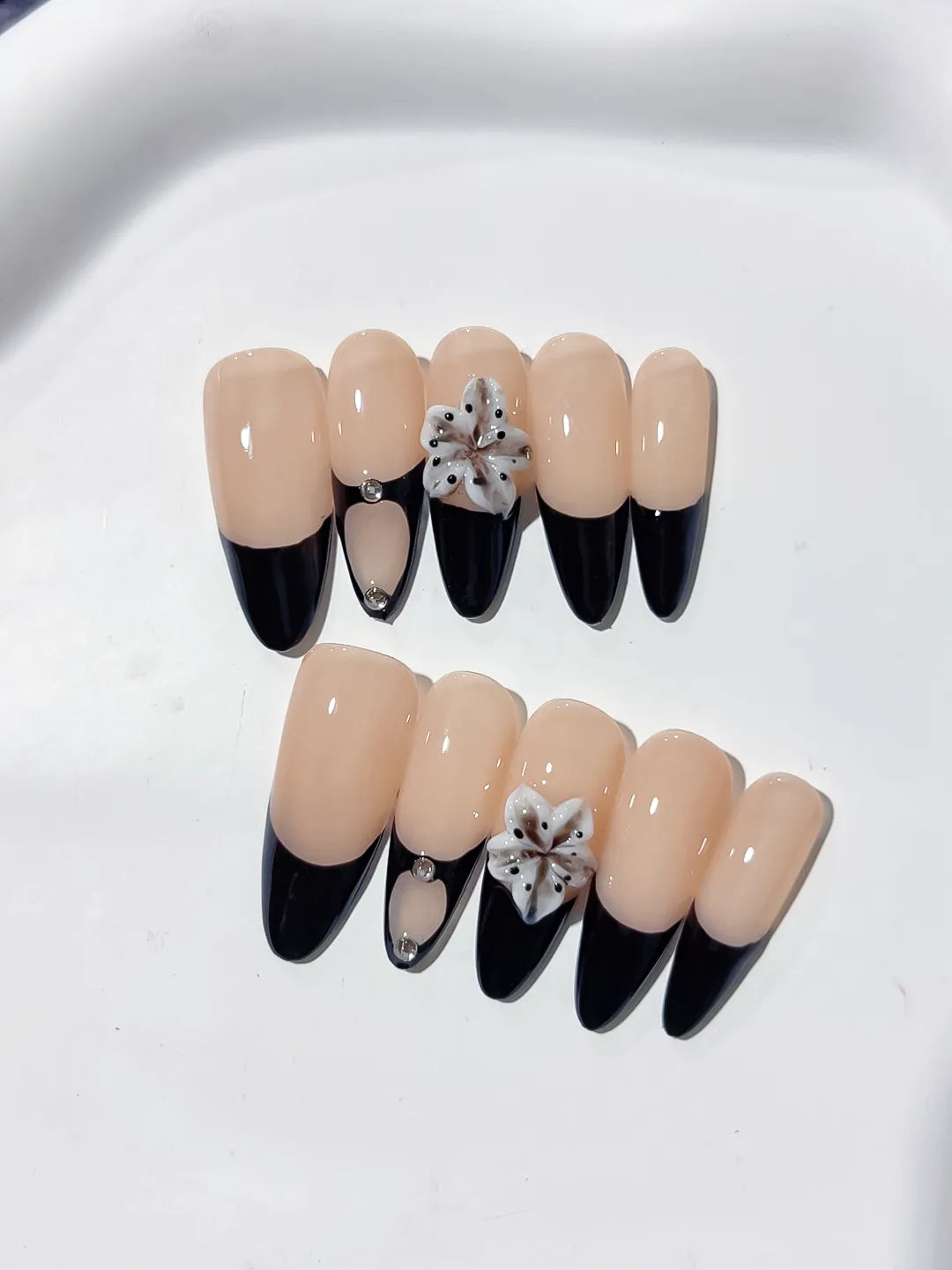 C395 - Long Nude Black Almond French tip Flower Rhinestone