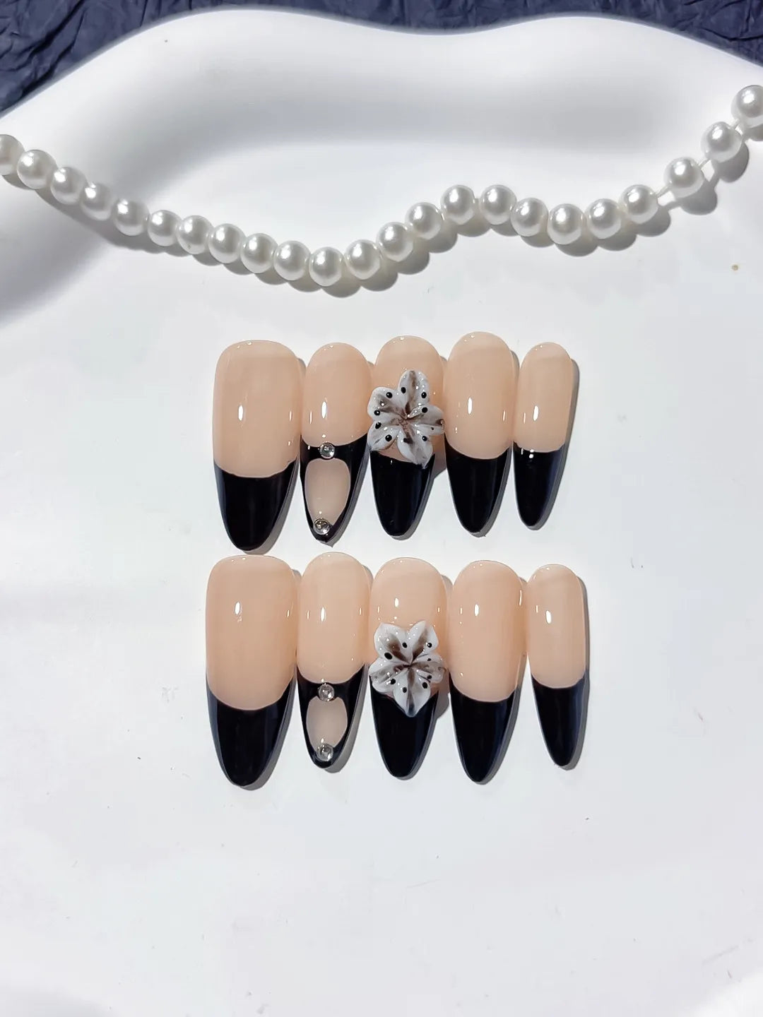 C395 - Long Nude Black Almond French tip Flower Rhinestone