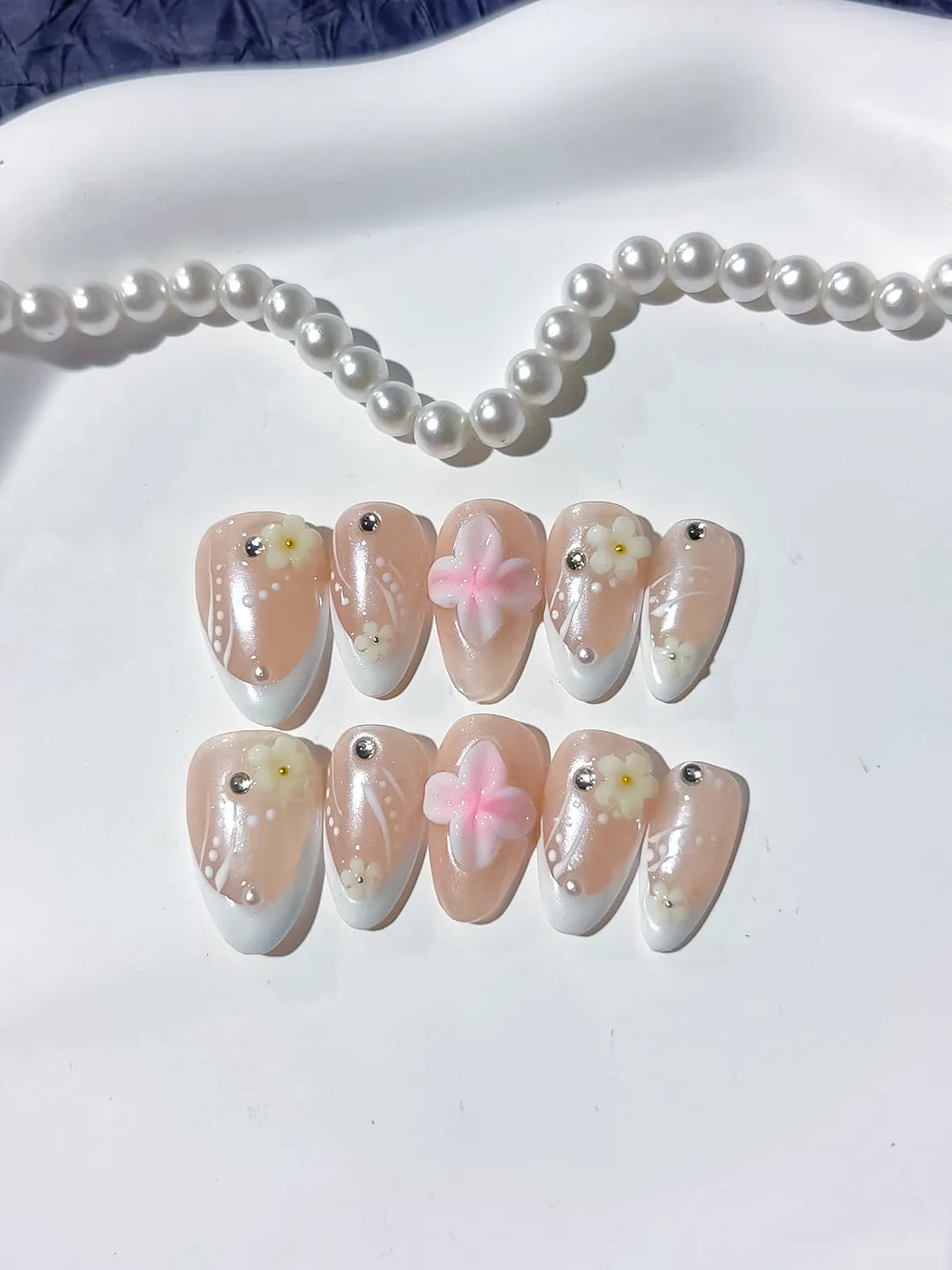 D331 - Short Nude White Almond French tip Flower Pearl VibeNailsLab