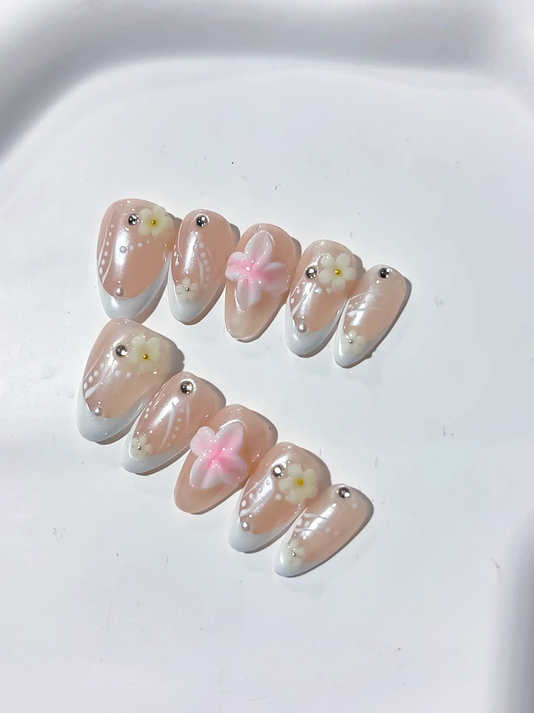 D331 - Short Nude White Almond French tip Flower Pearl VibeNailsLab