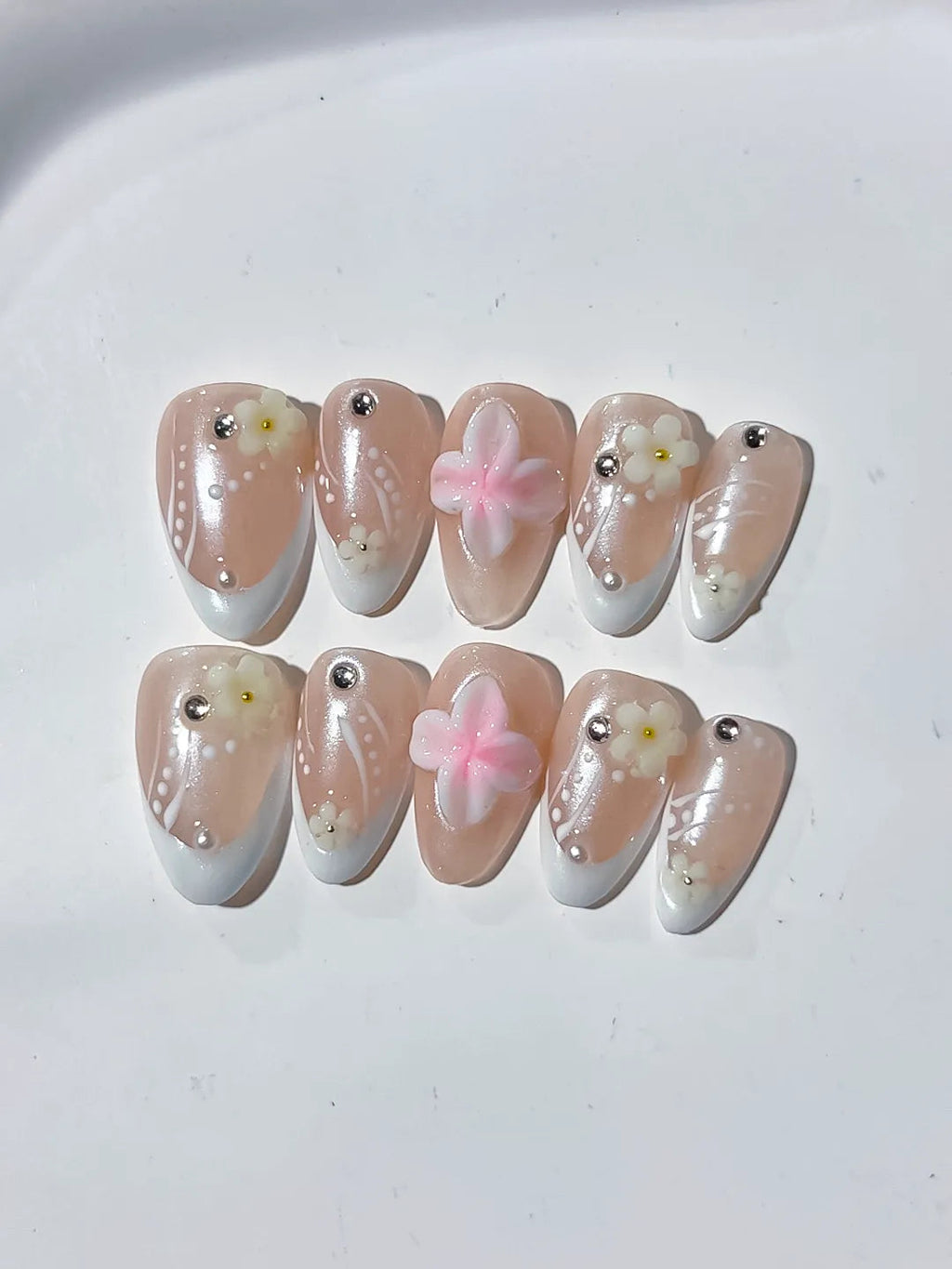 D331 - Short Nude White Almond French tip Flower Pearl VibeNailsLab
