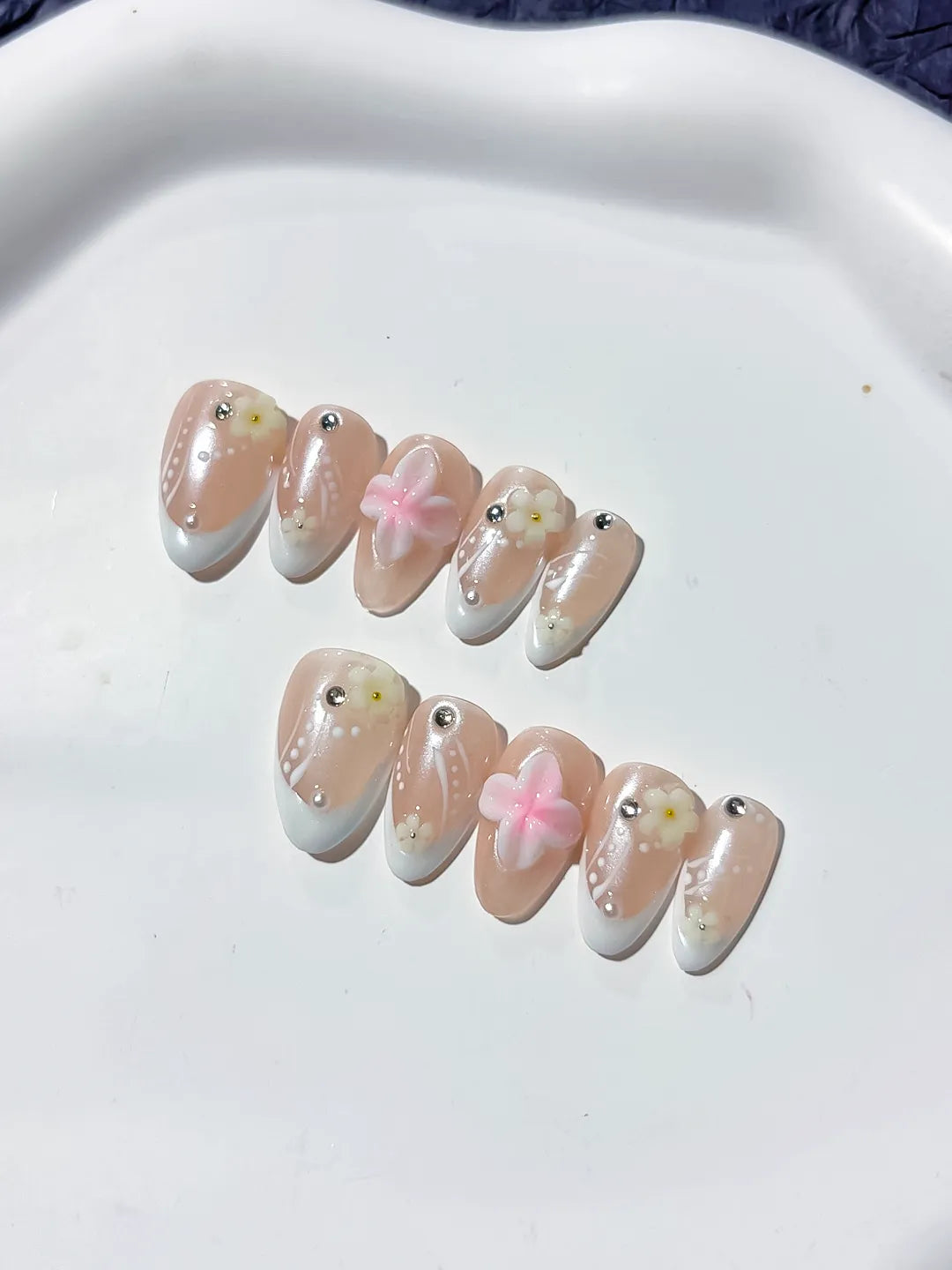 D331 - Short Nude White Almond French tip Flower Pearl VibeNailsLab