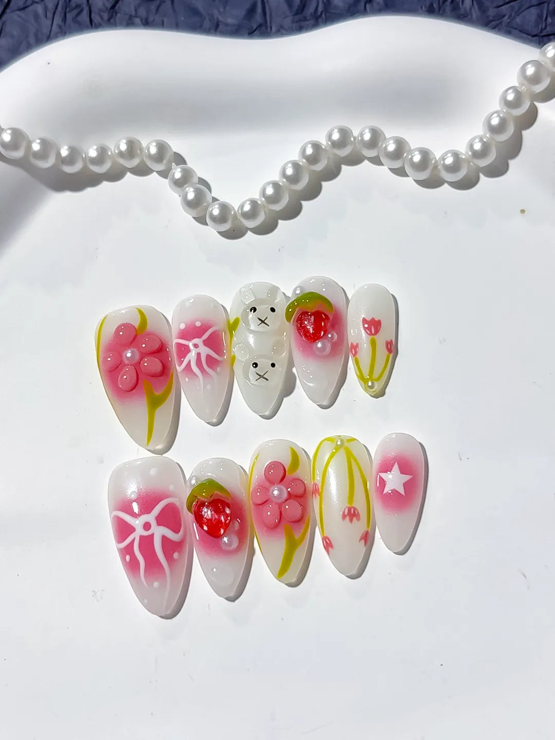 D334 - Medium White Pink Almond Abstract Strawberry Bow VibeNailsLab