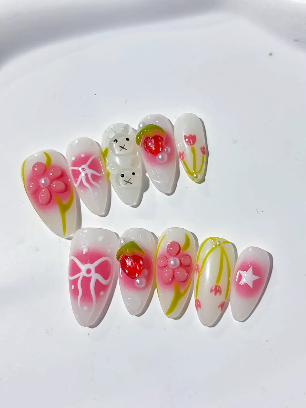 D334 - Medium White Pink Almond Abstract Strawberry Bow VibeNailsLab