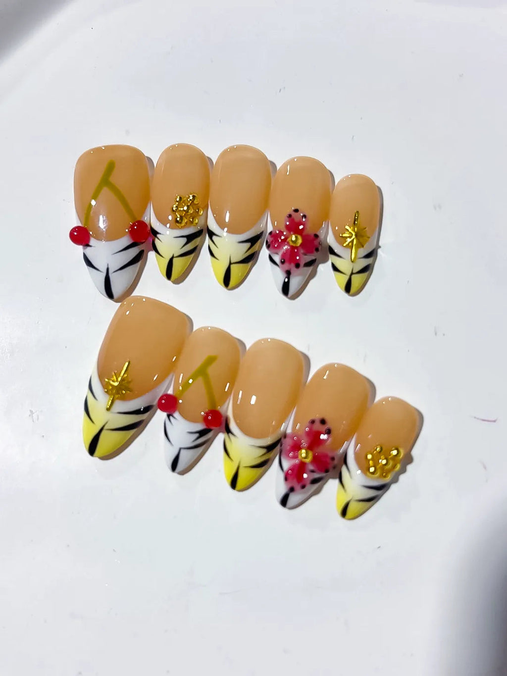 D336 - Medium Nude Yellow Almond French tip Cherry Flower VibeNailsLab