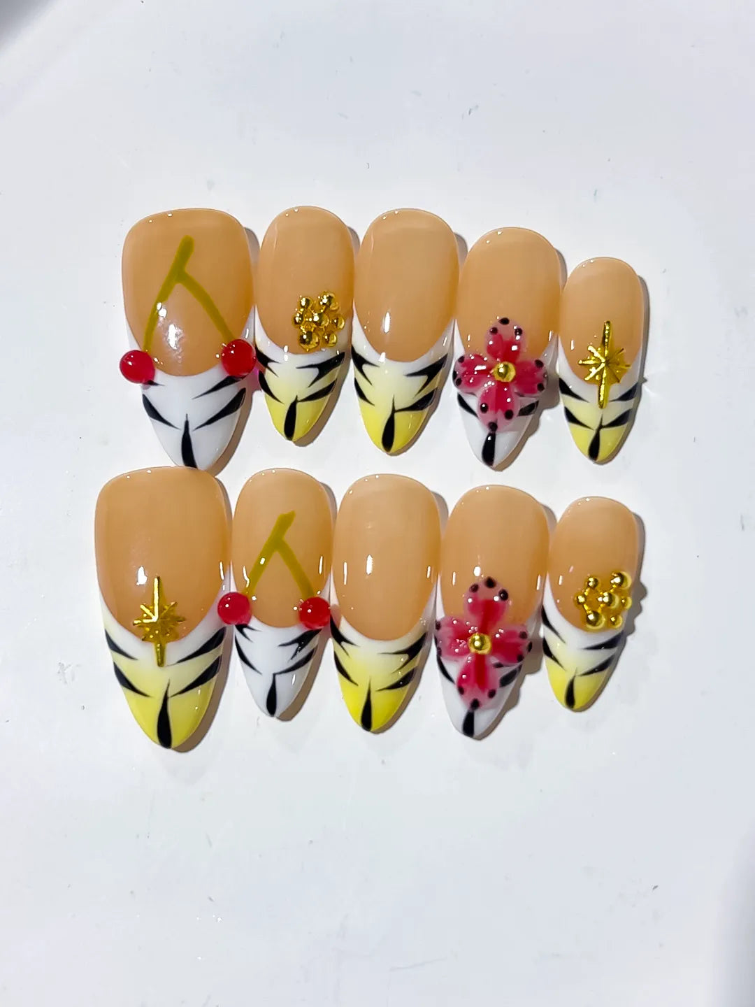 D336 - Medium Nude Yellow Almond French tip Cherry Flower VibeNailsLab