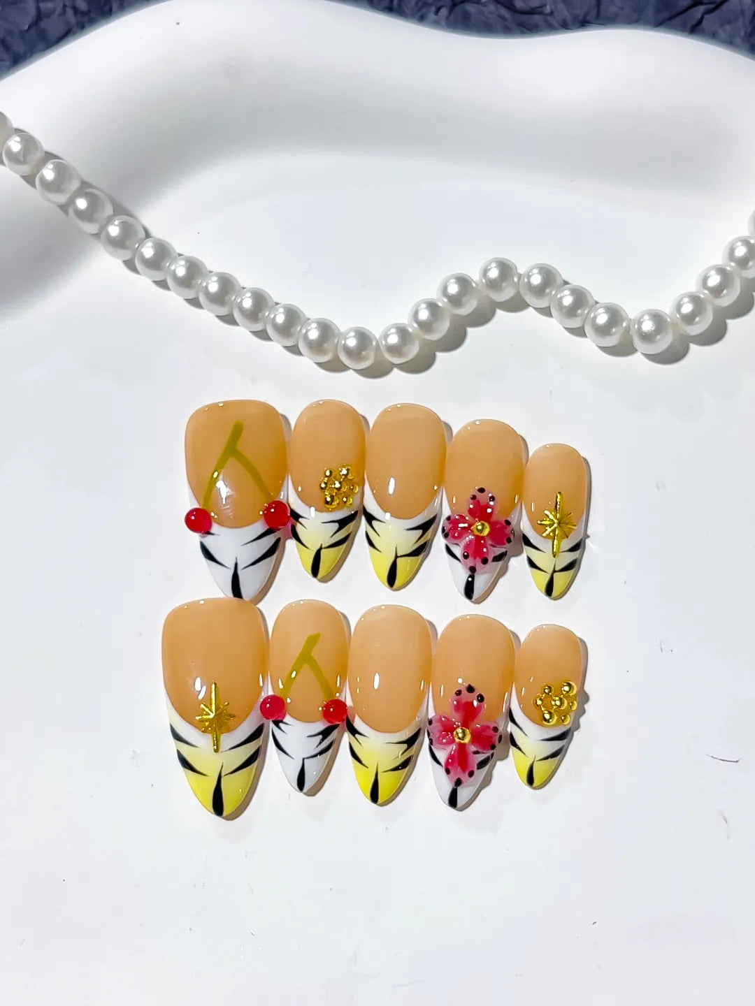 D336 - Medium Nude Yellow Almond French tip Cherry Flower VibeNailsLab