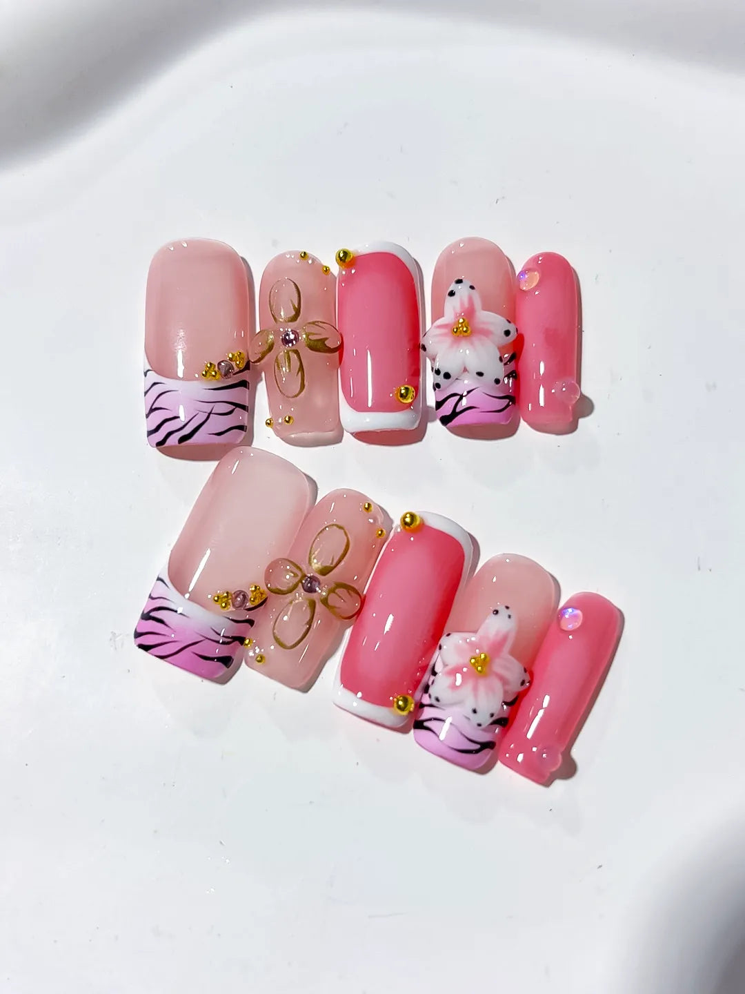 D337 - Long Pink Black Square Abstract Bow Animal Print