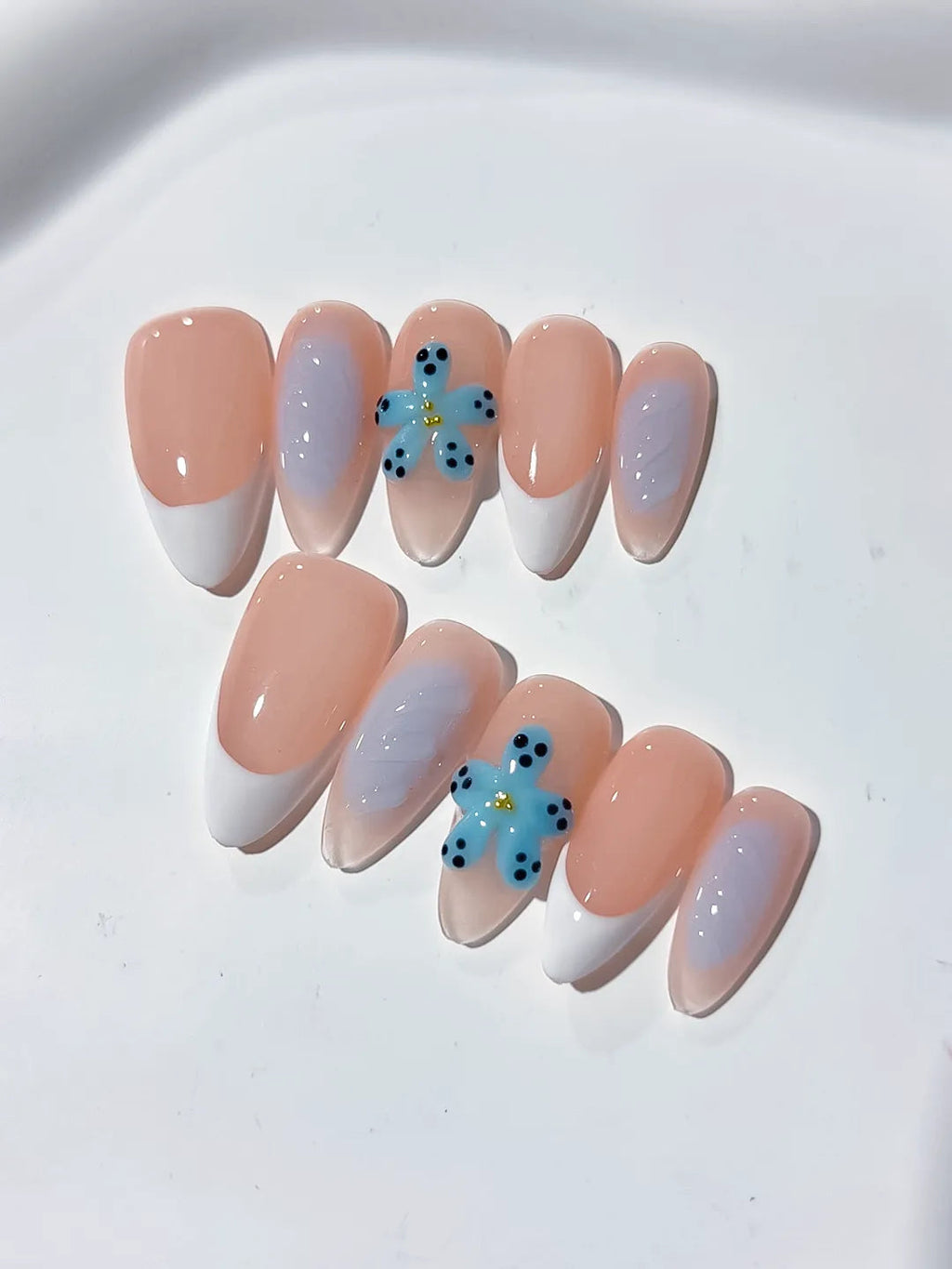 D339 - Medium Nude White Almond French tip Flower VibeNailsLab
