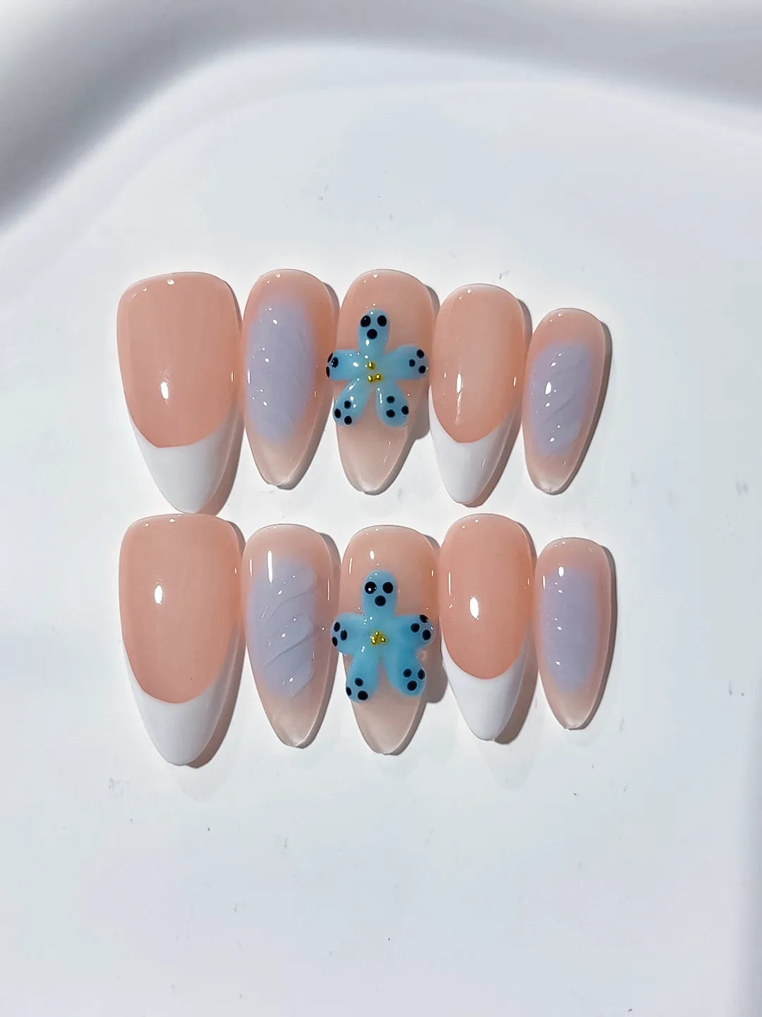 D339 - Medium Nude White Almond French tip Flower VibeNailsLab