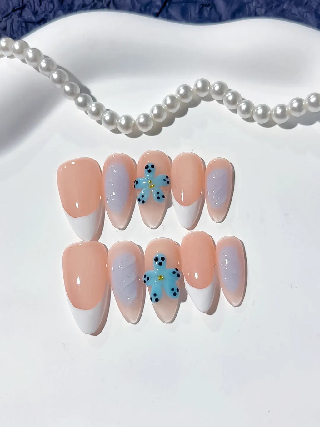 D339 - Medium Nude White Almond French tip Flower VibeNailsLab