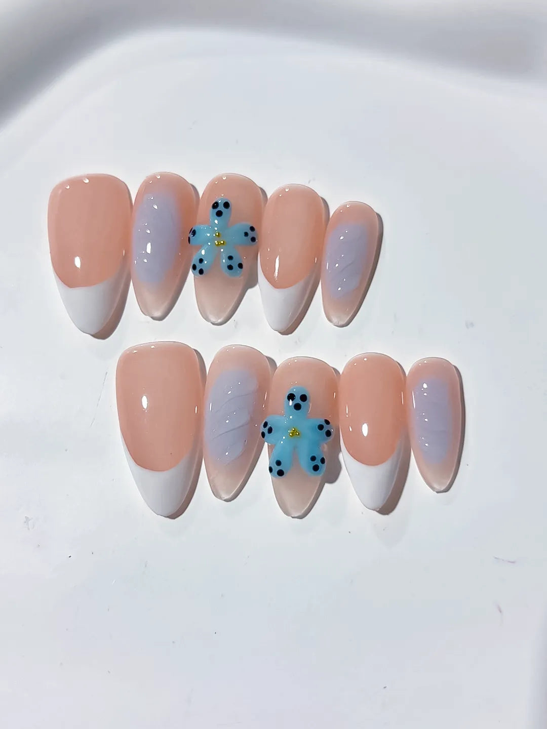 D339 - Medium Nude White Almond French tip Flower VibeNailsLab