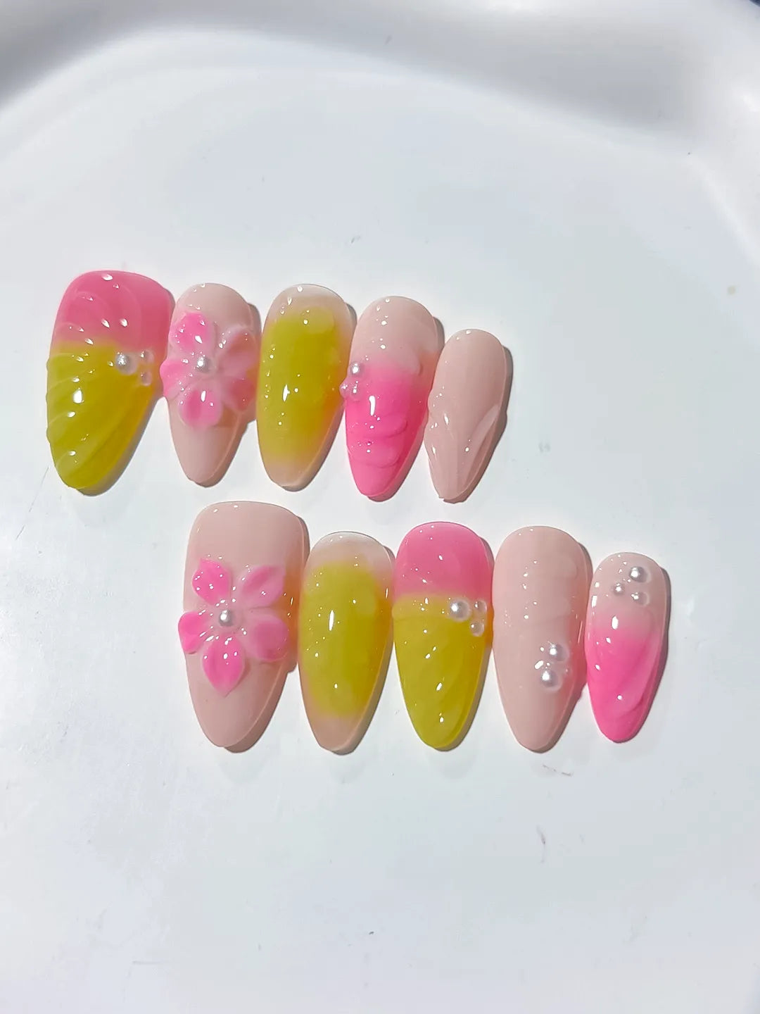 D341 - Medium Pink Yellow Almond Ombre Flower VibeNailsLab