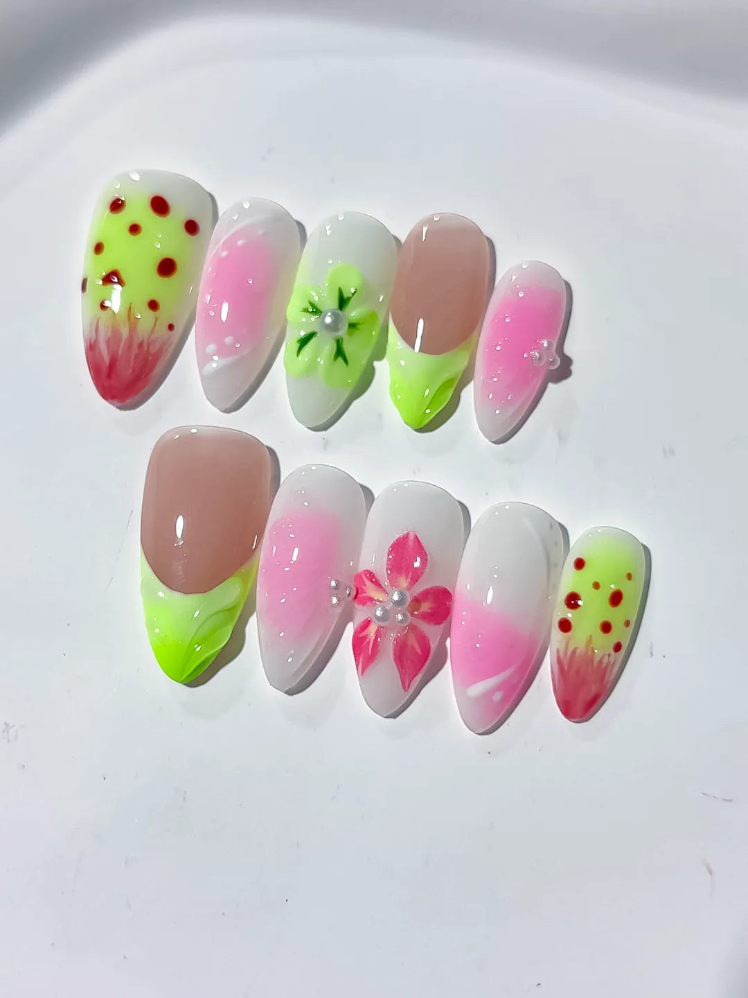 D342 - Medium Nude Pink Almond Abstract Flower Dot Pattern VibeNailsLab