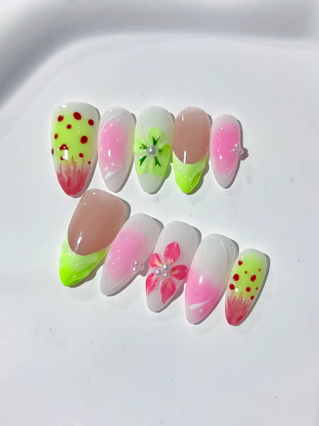 D342 - Medium Nude Pink Almond Abstract Flower Dot Pattern VibeNailsLab