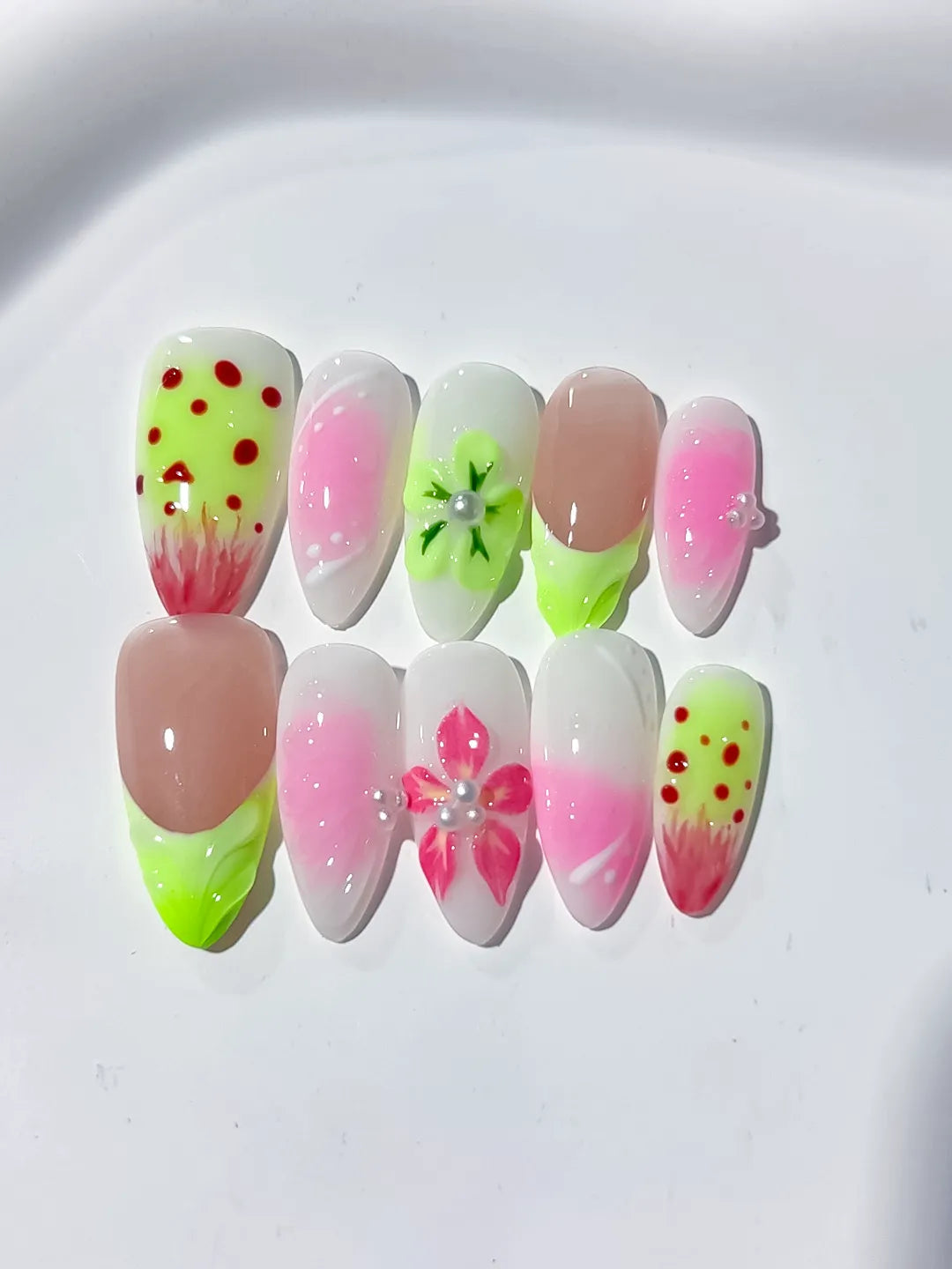 D342 - Medium Nude Pink Almond Abstract Flower Dot Pattern VibeNailsLab