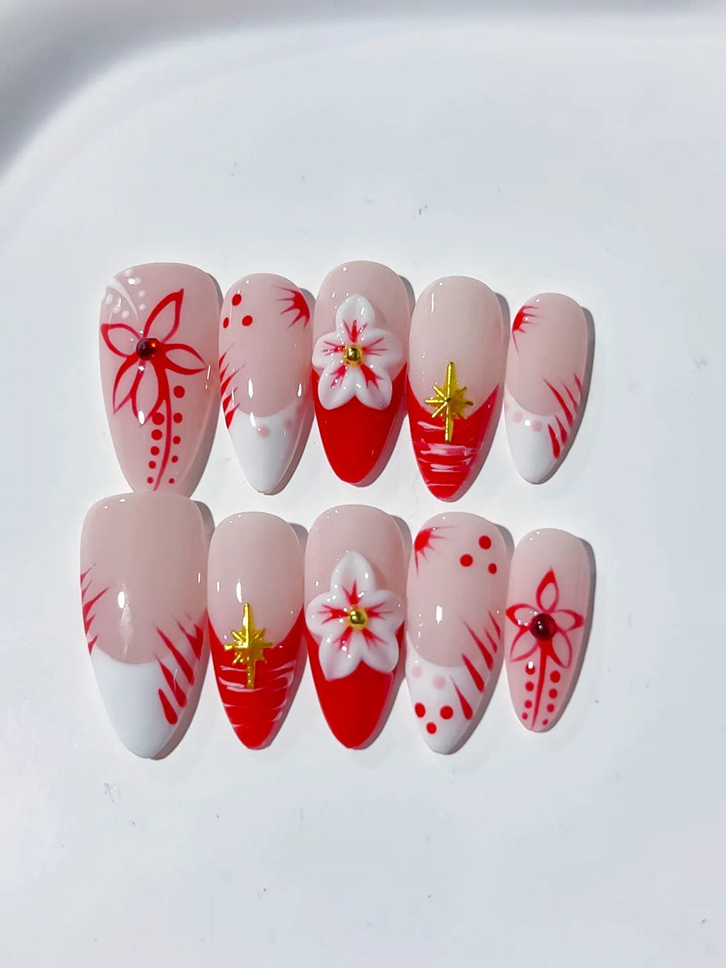 D343 - Medium Nude White Almond French tip Flower VibeNailsLab