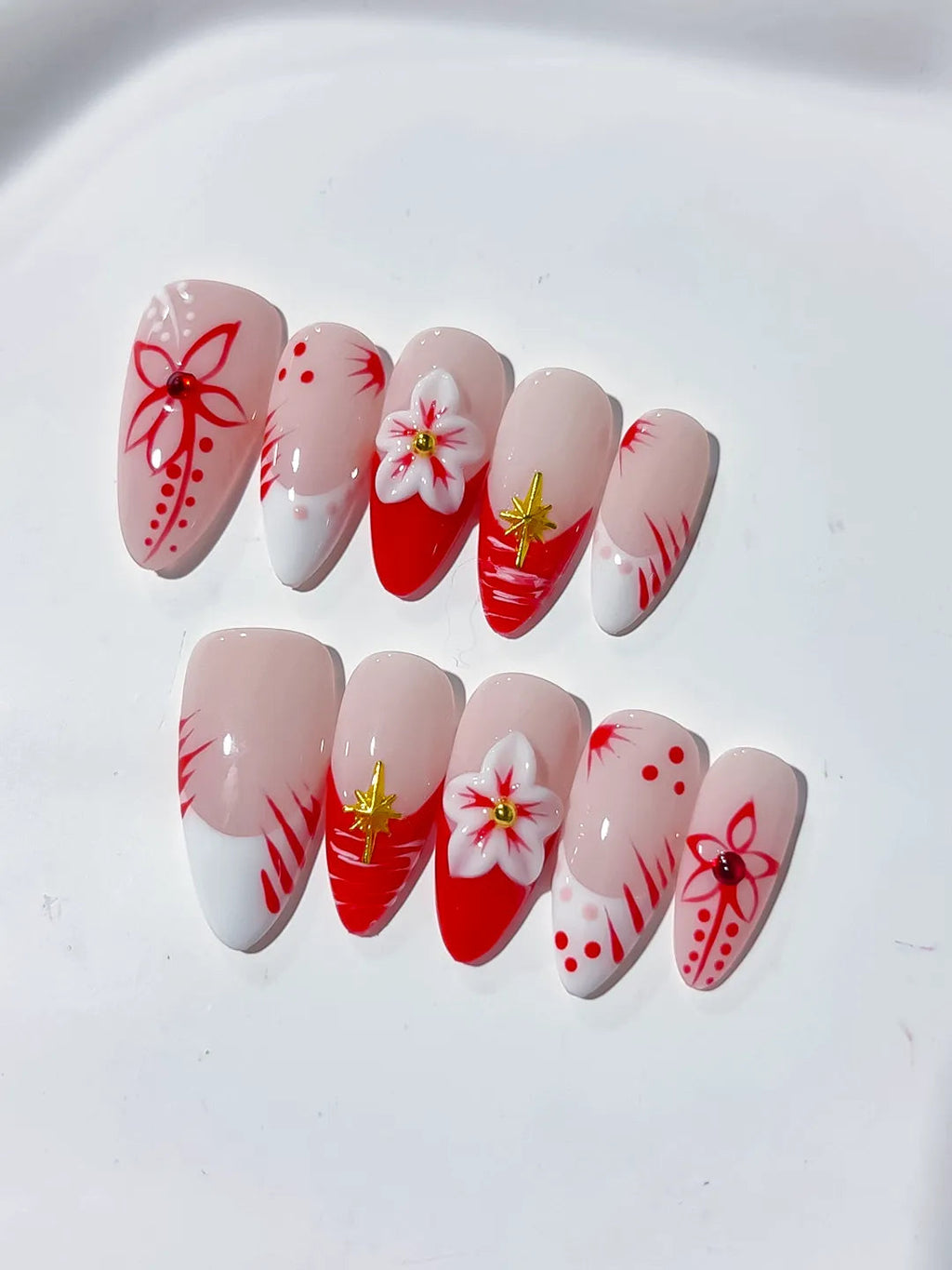 D343 - Medium Nude White Almond French tip Flower VibeNailsLab