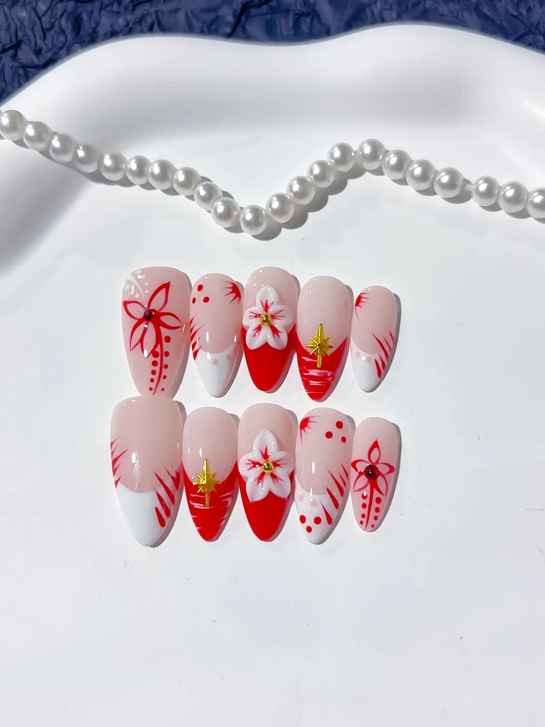D343 - Medium Nude White Almond French tip Flower VibeNailsLab