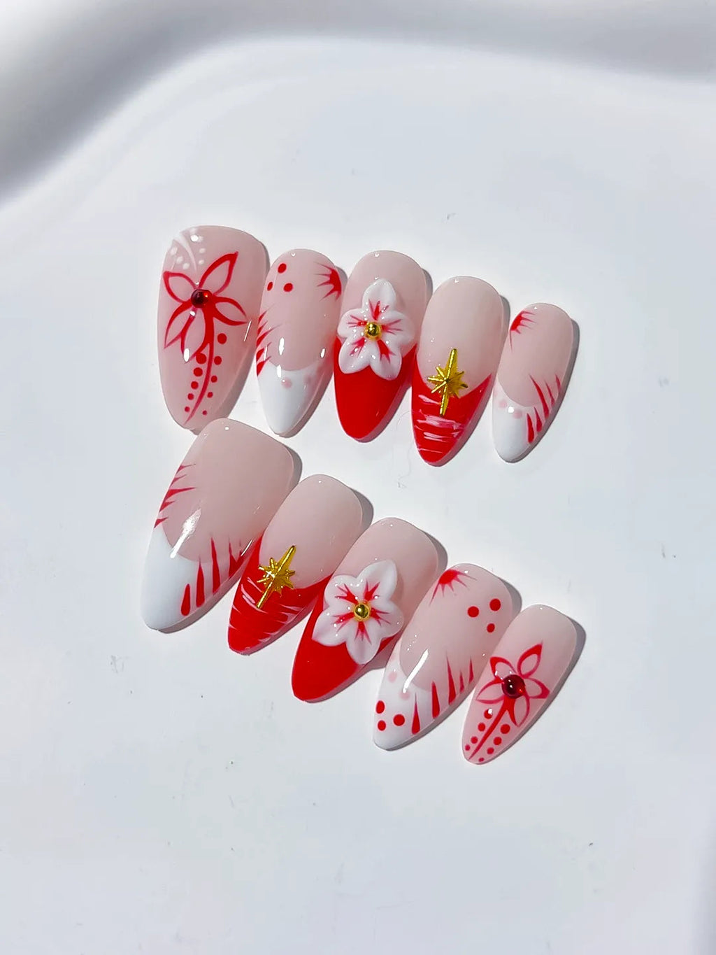 D343 - Medium Nude White Almond French tip Flower VibeNailsLab