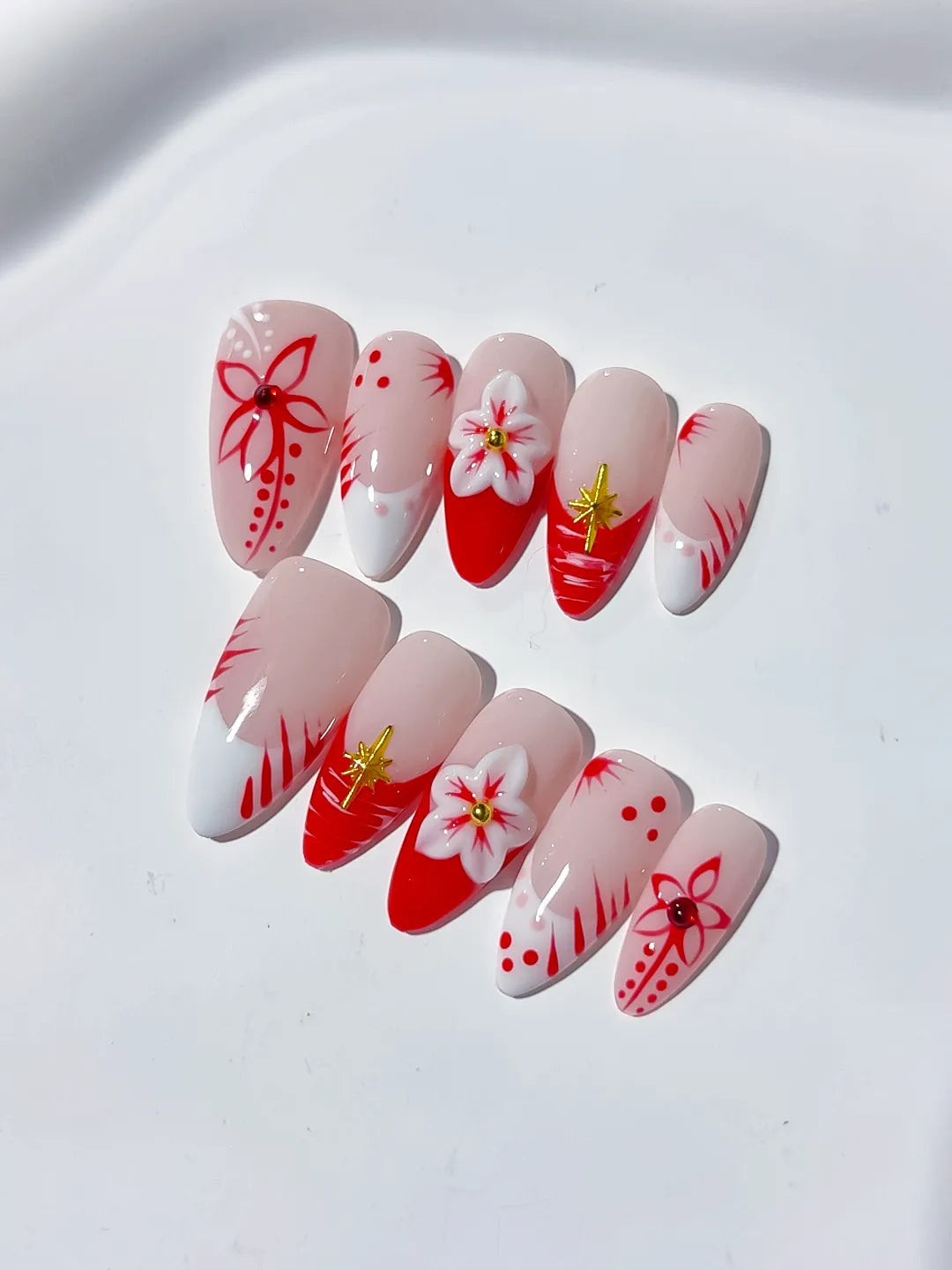 D343 - Medium Nude White Almond French tip Flower VibeNailsLab