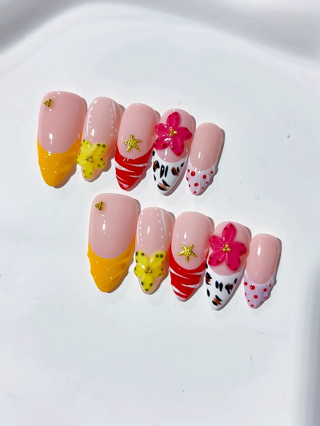 D346 - Medium Pink Yellow Almond French tip Flower Animal Print