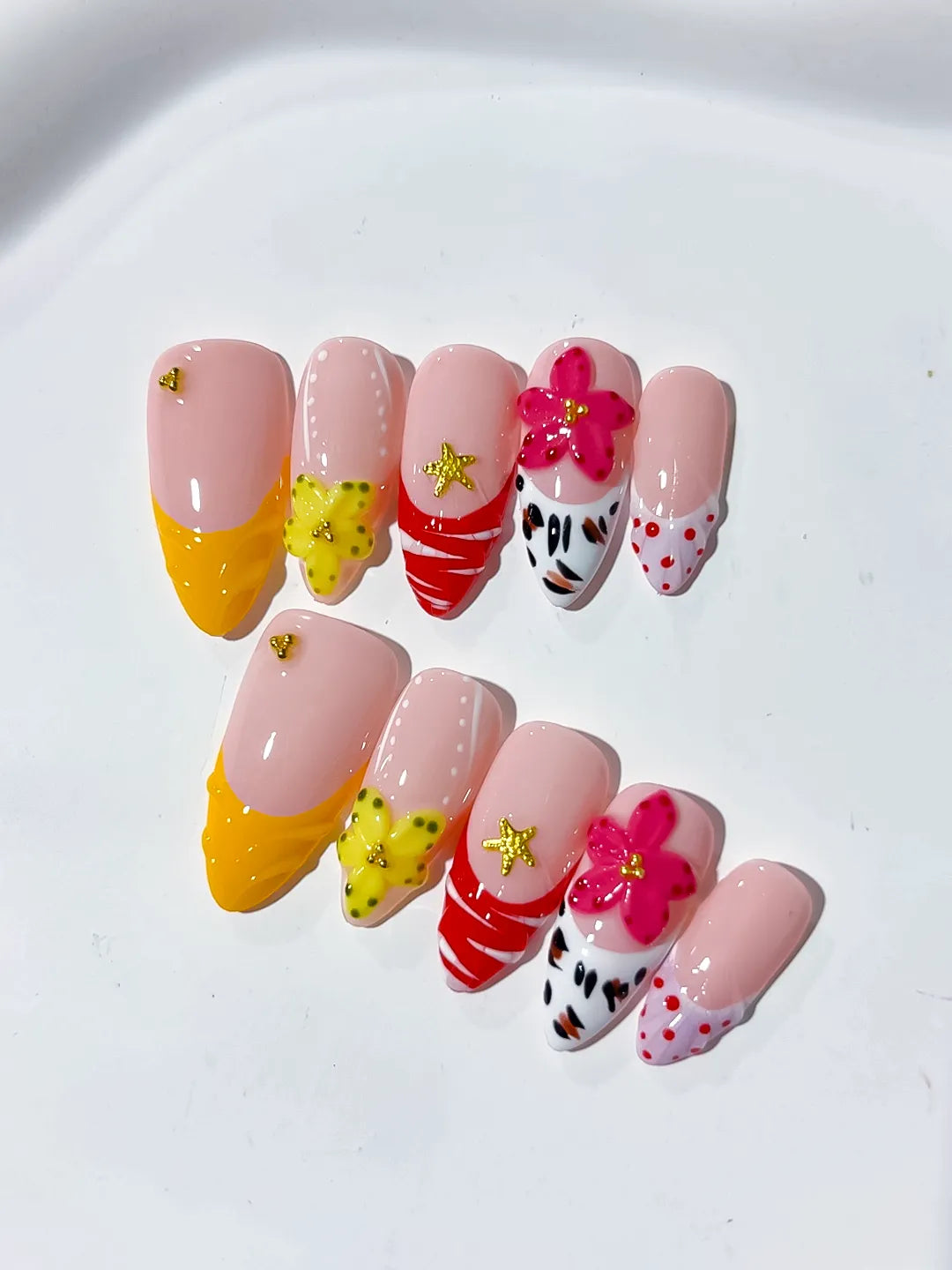 D346 - Medium Pink Yellow Almond French tip Flower Animal Print VibeNailsLab